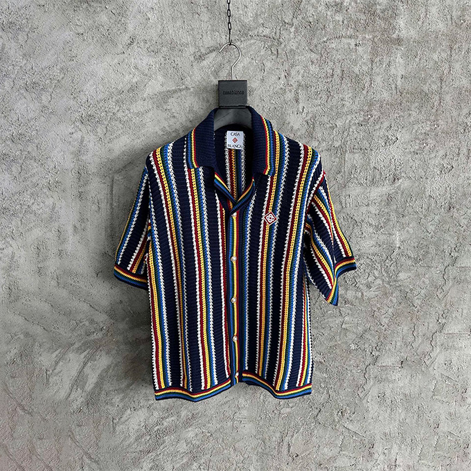 casablanca striped crochet knit short-sleeve shirt